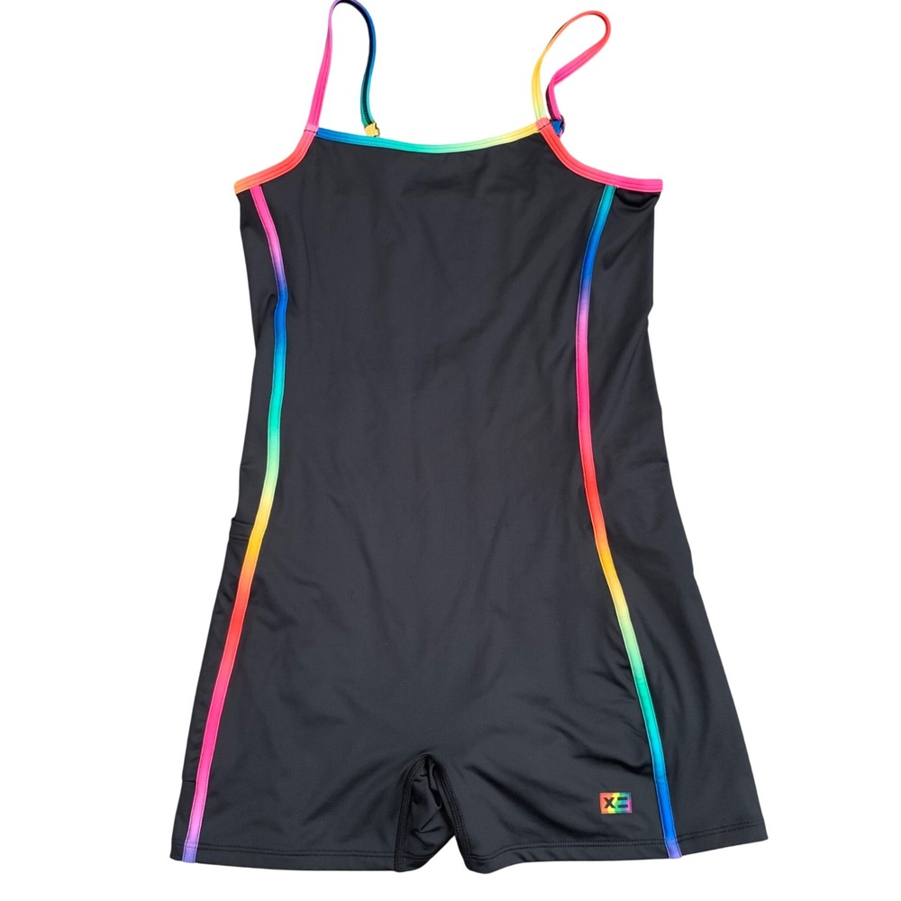 TomboyX Womens Black Rainbow Trim Unisuit Swim Romper One Piece Size S Small